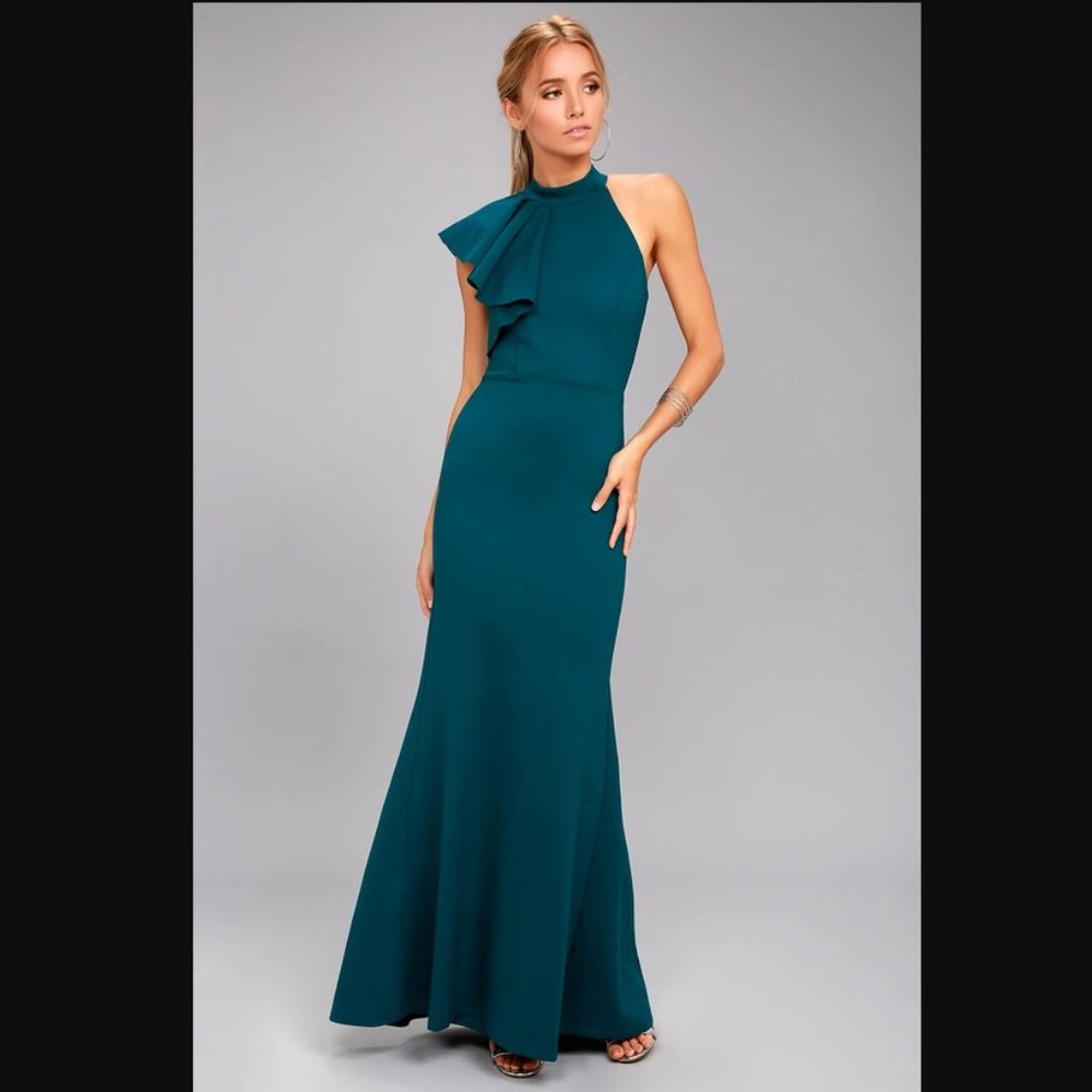 Lulus Margaux Teal Blue One-Shoulder Maxi Dress Size Small